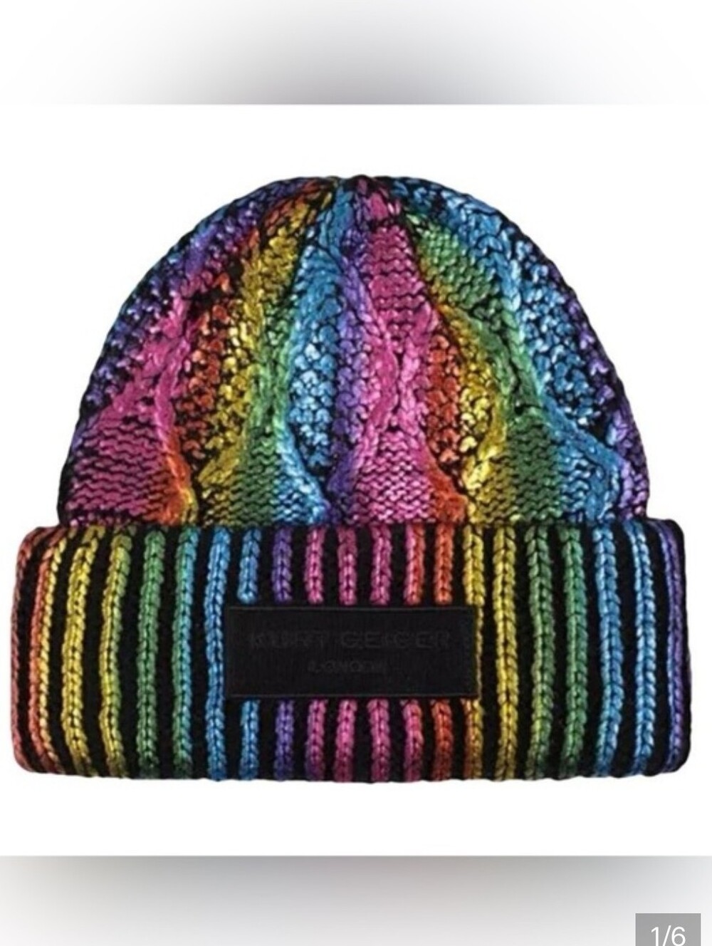 KURT GEIGER LONDON RAINBOW STRIPED KNIT BEANIE /ONE SIZE / IN BLACK MULTI